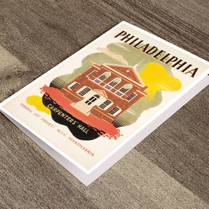 Tarjeta de felicitación - Cartel de "Vea América" para Filadelfia, que promueve el turismo y muestra el Carpenters' Hall en Filadelfia, Pensilvania. Reproducción.