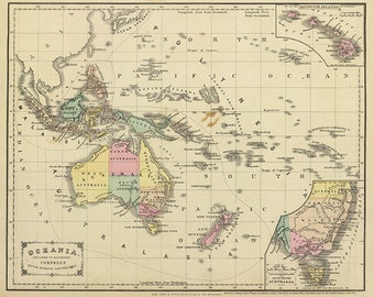 Map of Oceania (Oceanica), 1864.  Restoration Hardware Home Deco Style Old Wall Vintage Reprint.
