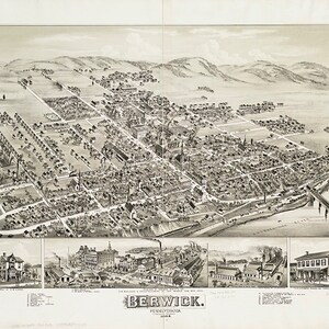 Carte de Berwick, comté de Columbia, Pennsylvanie, Pennsylvanie, 1884. Reproduction giclée sur mur vintage de style déco maison.