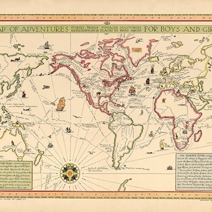 1925 World Map of adventures for boys and girls : stories trails voyages discoveries explorations & places to read about.