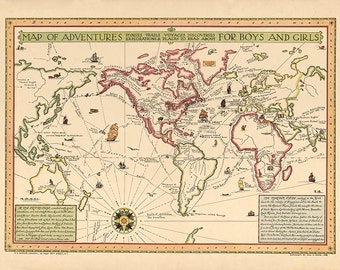 1925 World Map of adventures for boys and girls : stories trails voyages discoveries explorations & places to read about.