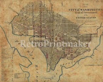 Plan of the Washington, D.C., and environs, 1887.  Vintage restoration hardware home Deco Style old wall reproduction map print.