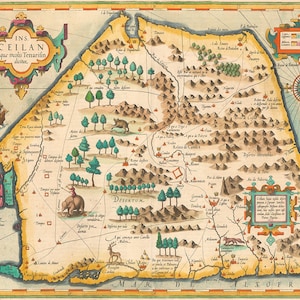Map of Sri Lanka (Ceylon), 1595. Petrus Plancius.  Vintage home Deco Style old wall reproduction map print.
