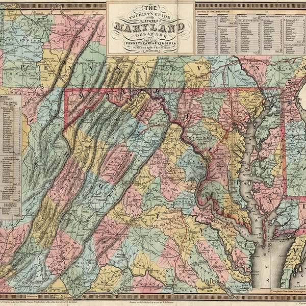 Map of Maryland, Delaware, and Parts Of Pennsylvania & Virginia 1836.  Vintage home Deco Style old wall reproduction map print.