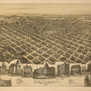 Karte von Denison, Texas, Grayson County 1891. Vintage Karte zur Restaurierung des Hauses.