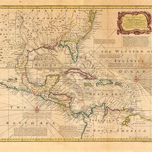 Mapa do sudeste dos Estados Unidos, Flórida, Costa do Golfo, Texas, Caribe e América Central. Mapa de reprodução antiga de decoração de casa vintage