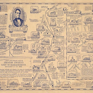 La mappa del 100° anniversario della visita di Abraham Lincoln in Massachusetts, dall'11 al 23 settembre 1848. Stampa di riproduzione di un muro antico restaurata d'epoca