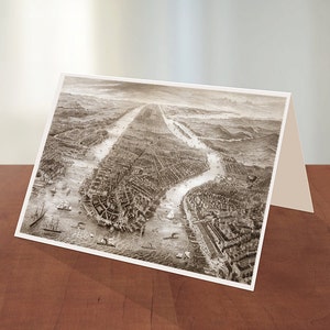 Greeting card of Manhattan, New York City. Includes numbered key to prominent places and features 1867.