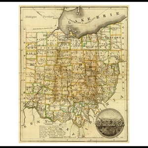 Map Of Ohio OH 1825. Vintage home Deco Style old wall reproduction map print.