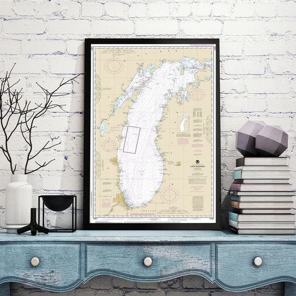 Nautical charts of Lake Michigan 14901. Home Deco Style old wall reproduction map print.