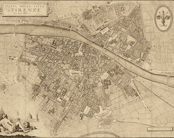 Old map of Florence (Firenze) Italy 1847.  Restoration Hardware Home Deco Style Old Wall Map. Vintage Reproduction Print.