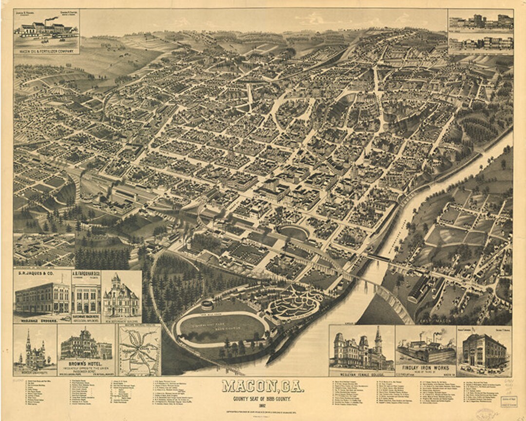 Map of Macon, Georgia. Bibb County 1885. Vintage Restoration Hardware Home Deco Style Old Wall ...