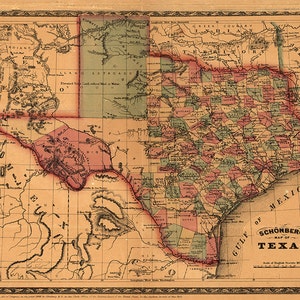 Mapa do Texas de 1866. Hardware de restauração vintage para casa Deco Style impressão de mapa de reprodução de parede antiga.