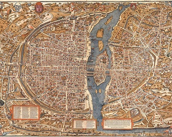 Map of Paris, France, 1550.   Plan of Paris by Truschet et Hoyau.  Plan de Bâle.  Vintage reproduction map print.