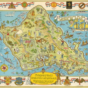 Pictorial Map of Oahu, Hawaiian islands.   Restoration Hardware Home Deco Style Old Wall Vintage Reprint.