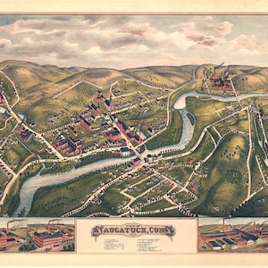 Naugatuck, Conneticut CT 1877. Vintage-Restaurierung Hardware Haus-Deco-Stil alte Wandreproduktion Kartendruck. CT0015