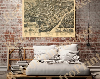 Map of Macon, Georgia. Bibb County 1885.  Vintage restoration hardware home Deco Style old wall reproduction map print.
