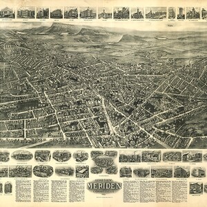 Mapa de Meriden, condado de New Haven, Connecticut CT 1918. Impresión de reproducción de mapa de pared antiguo de estilo Deco de casa de hardware de restauración vintage.