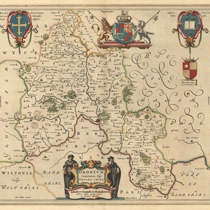 Carte d'Oxford Shire, Royaume-Uni. 1648. Ancienne carte murale de style maison. Reproduction vintage