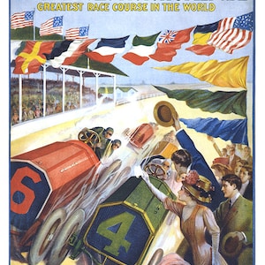 Indianapolis Motor Speedway, grootste race baan in de wereld 1909.  Vintage huis Deco Style oude wandreproductie kaart print.