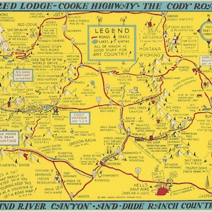 Map of the Red Lodge - Cooke Highway. Vintage home Deco Style old wall reproduction map print.
