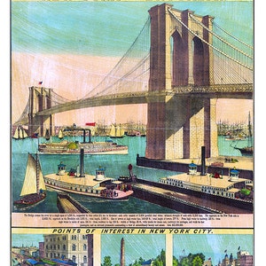 Il ponte sospeso di Brooklyn dai moli sul lato di Brooklyn include 3 "Punti di interesse a Manhattan 1873. NY0033 Poster di riproduzione d'epoca
