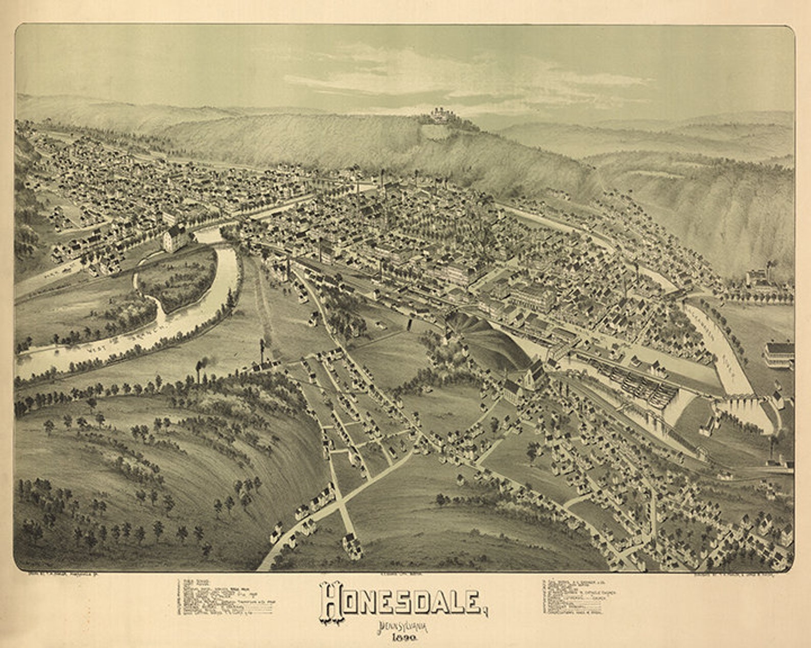 Map of Honesdale Wayne County Pennsylvania PA 1890. Vintage Etsy