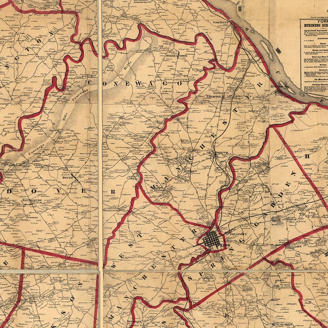 Map of York County Pennsylvania PA 1860. William Otis Etsy