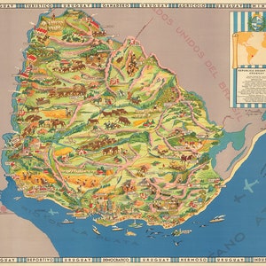 Mapa ilustrado de Uruguay. Impresión de mapa de reproducción de estilo art decó vintage.