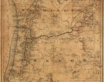 Map of Oregon & Washington State, 1880.  Vintage restoration hardware home Deco Style reproduction map print.