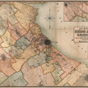 Map of Buenos Aires, Argentina.  1909 Vintage home Deco Style old wall reproduction map print.
