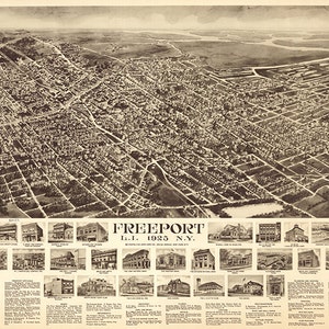 Puerto franco, ciudad de Hempstead, condado de Nassau. Long Island, Nueva York, NY, 1925. Cinquin. Reproducción de mapa antiguo con vista aérea. Tamaños variables.