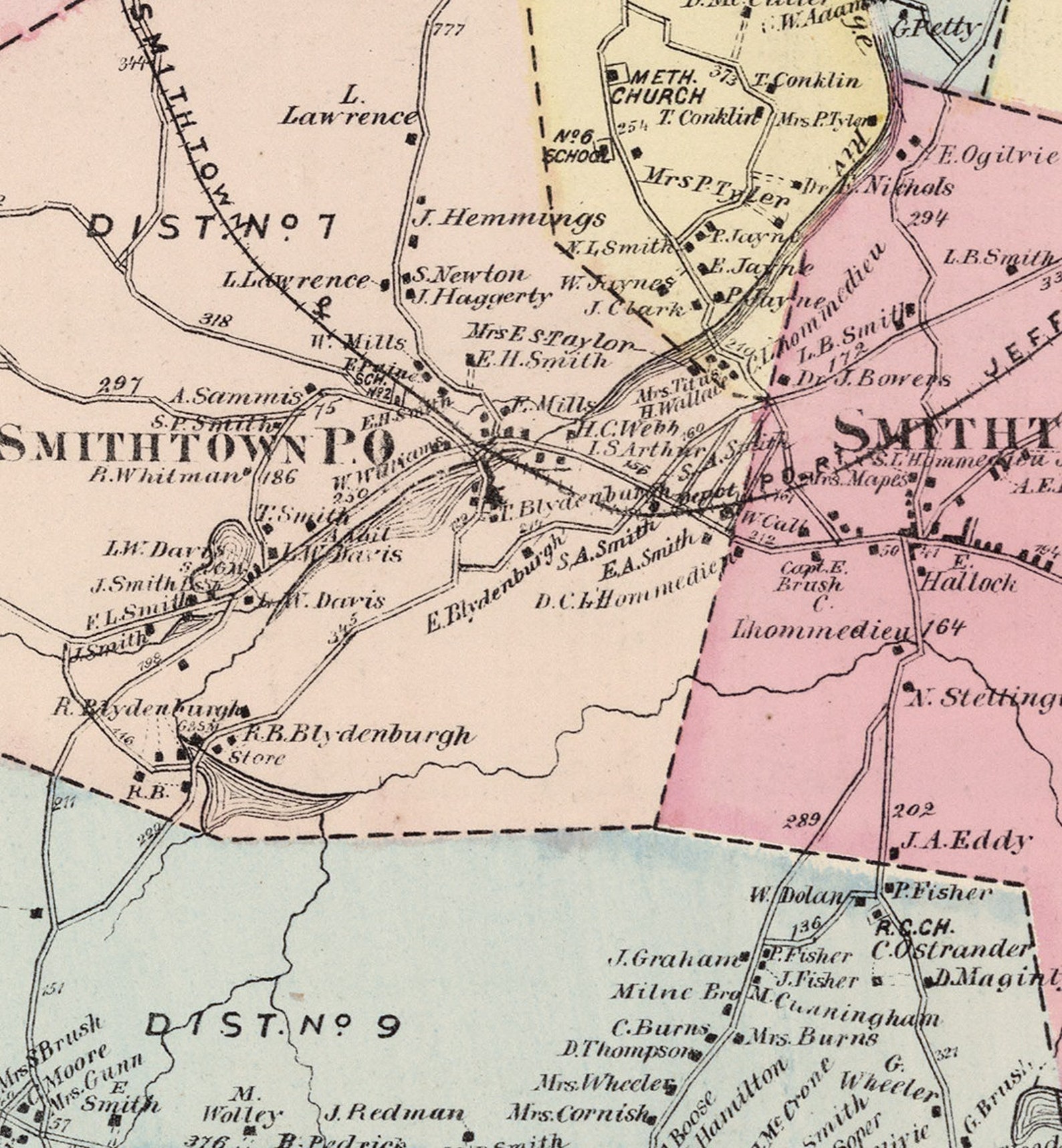Map of Smithtown, Suffolk County, Long Island, New York NY 1873. Vintage Home Style Old Wall