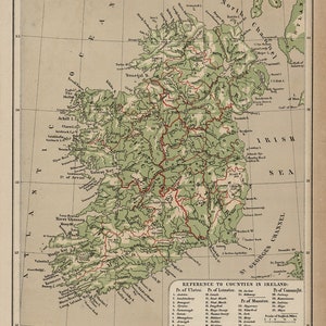 Mapa de Irlanda, 1880. Impresión de reproducción de mapa de pared antiguo de estilo Deco para el hogar, con hardware de restauración vintage.
