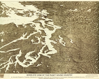 Map of the Puget Sound country bird's eye view, Washington WT. 1891.  Vintage restoration hardware home Deco Style reproduction map print.