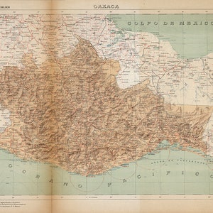 Map of Oaxaca, Mexico, 1908.  Vintage restoration hardware home Deco Style old wall reproduction map print.