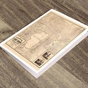 Grußkarte mit Landkarte von Lake Tahoe, Kalifornien und Nevada, Lake Tahoe und Donner Lake.  Vintage topographische Reproduktion 1874