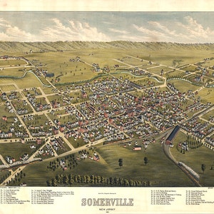 Mapa de Somerville, condado de Somerset, Nueva Jersey NJ 1882. Impresión de reproducción de mapa de pared antiguo de estilo Deco de casa de hardware de restauración vintage.