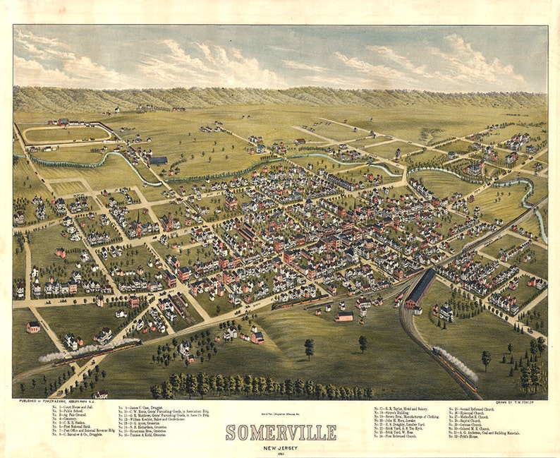 May include: An aerial view of Somerville, New Jersey, circa 1884. The map shows the town's layout with streets, buildings, and a railroad line. The image is a vintage lithograph with a detailed illustration of the town.