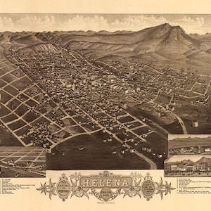 City of Helena, Lewis and Clark County, Montana 1883 MT.  Vintage restoration hardware home Deco Style old wall reproduction map print.