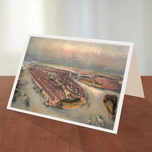 Greeting Card of New York Manhattan waterfront, Brooklyn Bridge, and Governors Island in the foreground.  Vintage Reproduction Print Map