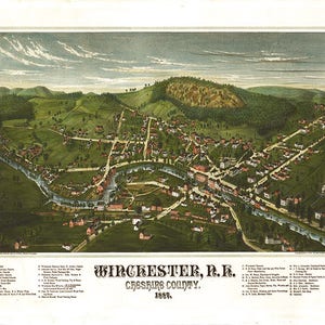 Mapa de Winchester, condado de Cheshire, Nuevo Hampshire, NH, 1887, vista aérea. Reproducción giclée de Restoration Hardware Home Deco Old Wall.