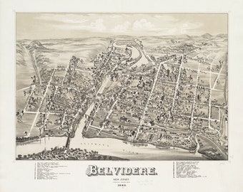 Vintage map of Belvidere : New Jersey, 1883.  Reproduction Giclee print.
