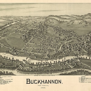 Karte von Buckhannon, Upshur County, West Virginia WV  1900. Vintage Restauration Hardware home-Deco-Stil alte Wandreproduktion Kartendruck.