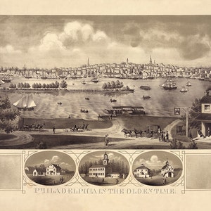 Philadelphie de l'autre côté de la rivière Delaware, w. piétons, calèches, attelages et cavaliers au premier plan.  Reproduction.