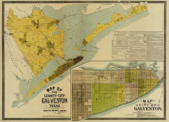 Galveston County Cad Map Map Of The Galveston Texas 1891. Vintage Restoration Hardware | Etsy Canada