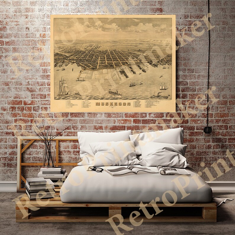 Muskegon, Michigan MI 1874. Vintage restoration hardware home Deco Style old wall reproduction map print. image 2