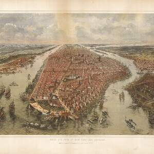 Nueva York y alrededores, 1865. Incluye Brooklyn, Jersey City, Hoboken y la Iglesia de la Trinidad. Póster vintage con vista aérea, NY0078.