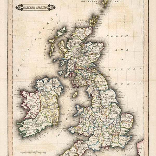 Map of British Isles, 1841.  Vintage restoration hardware home Deco Style old wall reproduction map print.