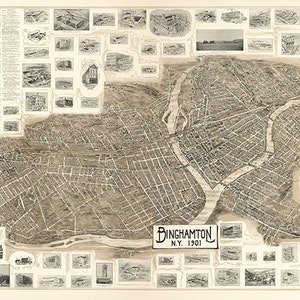 Binghamton, Broome Co., New York, NY. 1901 RIPARATO! Riproduzione di mappa da parete in stile Deco, con ferramenta di restauro vintage.
